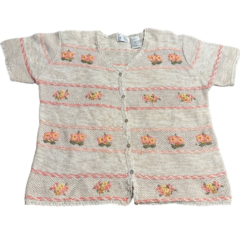 Cricket Lane Vtg crochet embroidered floral short sleeve cardigan‎ sweater sz L